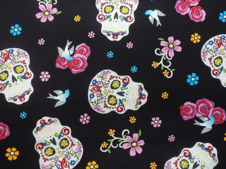 Glitter Sugar Skulls, Day of the Dead, Folkloric Cotton Fabric, by David Textiles, 44 Wide by the Half Yard image 2