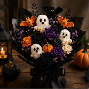 Könnte beinhalten: Ein Halloween-Blumenstrauß mit gehäkelten weißen Geistern, orangefarbenen Fledermäusen, einer schwarzen Fledermaus, einem orangefarbenen Kürbis und gehäkelten Rosen in Schwarz, Lila, Orange und Creme, verpackt in schwarzem Papier mit einer Schleife.
