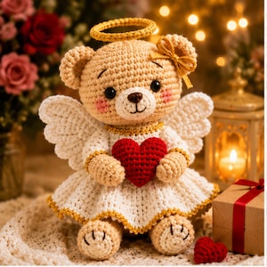 Könnte beinhalten: Ein gehäkelter beigefarbener Teddybär-Engel in einem weißen Kleid mit Goldrand, der ein rotes Herz hält. Der Bär hat einen goldenen Heiligenschein, eine goldene Schleife am Ohr und rosa Wangen. Er besitzt schwarze Augen und weiße Flügel.