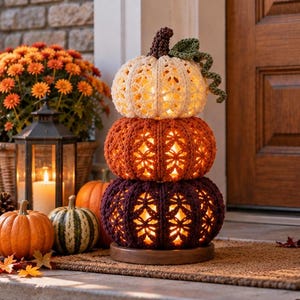 May include: A stack of three crocheted pumpkins in cream, orange, and dark purple, each featuring an intricate openwork pattern. The pumpkins are illuminated from within and sit on a circular wooden base, topped with a dark brown stem and green vine.