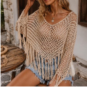 Crochet Mesh Fringe Poncho Top Pattern PDF, Beginner Boho Crochet Top Tutorial, Easy Mesh Cover Up, Summer Beach Shawl DIY Gift Pattern