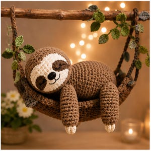 May include: A brown and cream crocheted sloth toy resting in a brown crocheted hammock suspended from a wooden branch. The sloth has a round face with dark brown eye patches, a black nose, and a stitched smile. Green crocheted leaves adorn the branch.