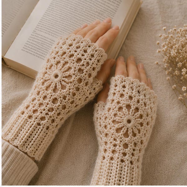 Blooming Lace Fingerless Mitts Crochet Pattern PDF, Floral Gloves, Wrist Warmers, Boho Winter Gift for Her, Cute, Chic (Instant Download)