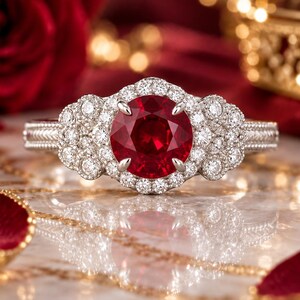 Könnte beinhalten: Ein silberfarbener Ring mit einem großen, runden, tiefroten Edelstein in der Mitte, umgeben von einem Kranz aus kleinen, klaren, funkelnden Steinen. Die Ringschiene hat einen texturierten Rand im Milgrain-Stil und die Fassung enthält Steine.