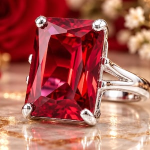 Puede incluir: Un anillo de tono plateado con una gran piedra preciosa roja rectangular facetada, sujeta por cuatro garras. La banda tiene un diseño de vástago dividido que se conecta al engaste, mostrando un acabado metálico pulido y un color rojo intenso.