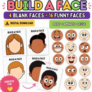 Könnte beinhalten: Ein digitales Download-Aktivitätsset mit dem Titel BUILD A FACE, das 4 leere Gesichtsvorlagen und 16 kreisförmige lustige Gesichtsausdrücke enthält. Das Set enthält Anweisungen zum Ausdrucken, Laminieren und Wiederverwenden der Teile.