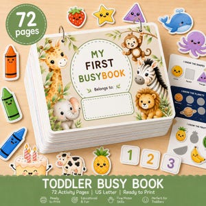 May include: A spiral-bound activity book titled My First BusyBook featuring illustrations of a giraffe, monkey, zebra, lion, and elephant. The set includes 72 pages and various cut-out shapes like a strawberry, star, whale, octopus, and crayons.