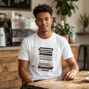May include: A white t-shirt featuring a detailed technical exploded view diagram of a mechanical keyboard. The graphic displays various components in black and grey, including the frame, circuit board, switches, and keycaps, with labels.
