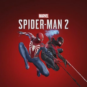 May include: A promotional graphic for Marvel Spider-Man 2 featuring two figures in superhero suits leaping against a dark red background. One figure wears a red and blue suit with a white spider emblem, while the other wears a black and red suit.
