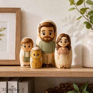 May include: A set of four wooden nesting dolls featuring a family illustration. The figures include a bearded adult in a green sweater, an adult with long brown hair in a pink shirt, a young child in striped overalls, and an orange tabby cat.