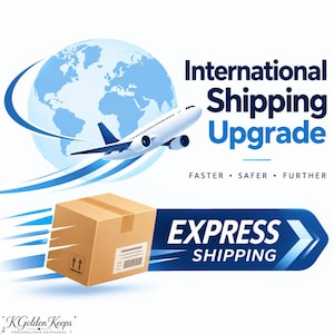 May include: A graphic illustration featuring a white airplane flying in front of a light blue globe, with the text International Shipping Upgrade, FASTER • SAFER • FURTHER, and EXPRESS SHIPPING next to a brown cardboard box with a shipping label.