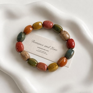 Handmade Multicolor Ceramic Bead Stretch Bracelet, Artisan Pottery Jewelry, Boho Style
