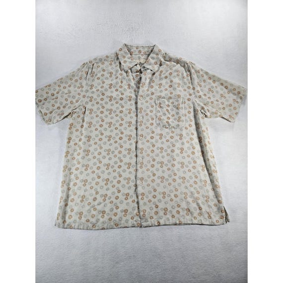 Vintage 90s Silk Mens Large Short Sleeve Button Up Shirt White Tan Geometric