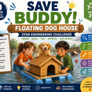 May include: A STEM engineering challenge kit titled Save Buddy! Floating Dog House for ages 7-10. The box art features two children and a golden retriever puppy with a wooden dog house on a blue floating platform in water, with educational text.