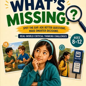 Peut inclure: Une couverture de livre intitulée Think Smart Series What's Missing montrant une jeune personne avec un bandeau bleu sarcelle tenant un crayon. La couverture inclut du texte sur les défis de pensée critique, âges 8-12, et deux images.