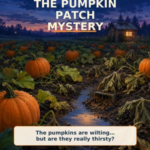 Puede incluir: Un póster digital para A HALLOWEEN SCIENCE ESCAPE ROOM titulado THE PUMPKIN PATCH MYSTERY. Muestra un campo de calabazas al atardecer con calabazas naranjas, hojas marchitas, un cobertizo y un arroyo. Texto: The pumpkins are wilting... but are they really thirsty? AGES 8-12.