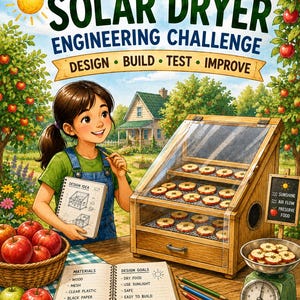 Puede incluir: Un kit Solar Dryer Engineering Challenge con una caja de secado de madera con paneles de plástico transparente, una cesta de manzanas rojas, una báscula con rodajas de manzana y un cuaderno abierto. El texto dice Solar Dryer Engineering Challenge.