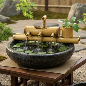 Könnte beinhalten: Ein Bambus-Wasserbrunnen besteht aus einer horizontalen Bambusrohrkonstruktion, die über einem dunklen, runden Steinbecken mit Wasser und grünen Seerosenblättern ruht. Ein kleiner Bambusbecher mit einer grünen Pflanze steht auf einem Holzständer.