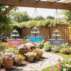 May include: Three tiered hanging water fountains with glass bowls in red, blue, and gray. Each fountain features a central black pump mechanism with a yellow top, suspended by metal chains from a wooden pergola structure in a garden.