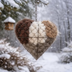 May include: A heart-shaped wire cage ornament filled with tufts of raw wool in shades of dark brown, cream, light tan, and grey. The structure is suspended by a thin metal chain, showcasing a textured, layered appearance of natural fibers.