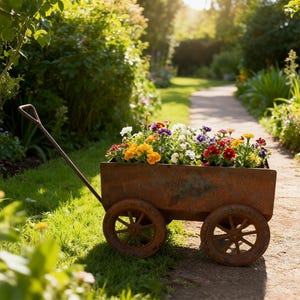 Pode incluir: Um carrinho de jardim retangular de metal enferrujado com duas rodas raiadas e uma alça longa, preenchido com uma variedade vibrante de flores em tons de amarelo, vermelho, branco e roxo, posicionado em um caminho de terra em um jardim.