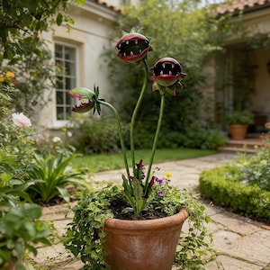May include: A decorative garden sculpture featuring three green and red carnivorous plant heads with sharp teeth, mounted on long thin stems. The sculpture is planted in a round terracotta-coloured pot filled with green foliage and small flowers.