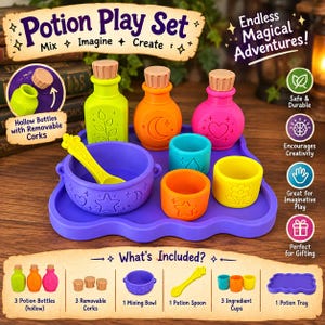May include: A Potion Play Set featuring three colourful hollow bottles with removable corks, a purple mixing bowl, a yellow spoon, three small ingredient cups, and a purple tray. The set includes text labels like Potion Play Set, Mix Imagine Create, and What's Included, detailing the components of this vibrant, multi-coloured toy collection.