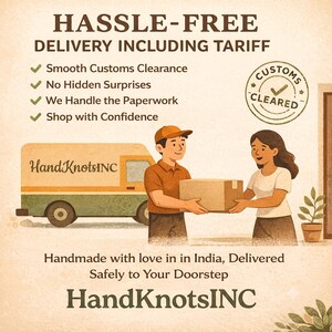 May include: An illustration featuring a delivery van labeled HandKnotsINC, a person in a brown uniform handing a cardboard box to another person, and text stating HASSLE-FREE DELIVERY INCLUDING TARIFF, Customs Cleared, and HandKnotsINC.