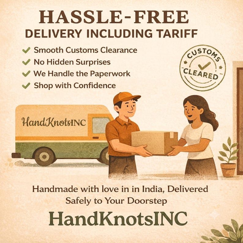 May include: An illustration featuring a delivery van labeled HandKnotsINC, a person in a brown uniform handing a cardboard box to another person, and text stating HASSLE-FREE DELIVERY INCLUDING TARIFF, Customs Cleared, and HandKnotsINC.