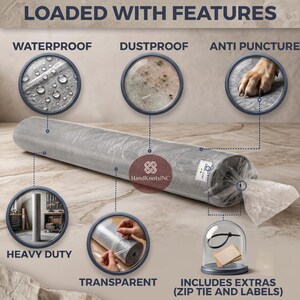 May include: A gray rolled material in clear plastic packaging labeled LOADED WITH FEATURES. Circular insets show properties: waterproof, dustproof, anti-puncture, heavy-duty, transparent, and includes extras like a zip tie and labels.