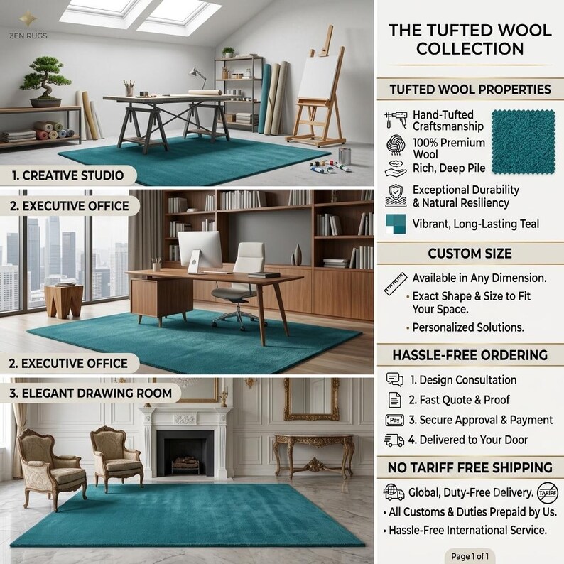 A solid teal area rug lays flat on a light grey stone floor in a modern, minimalist room. The vibrant blue-green hand-tufted rug anchors the space next to a natural wood side table with smooth black stones and a candle. A sleek beige daybed sits nearby, looking out onto a serene Japanese zen garden through large glass doors. IMG_20260727_232441.jpg displays its rich, plush texture beautifully.