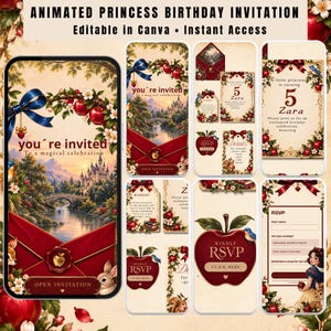 Op de afbeelding: Een digitale verjaardagsuitnodigingsset met prinsessenthema, voorzien van een kasteel, een rivier en appelmotieven. Het ontwerp bevat tekst zoals 'you're invited', '5 Zara', 'Wishlist', 'Details' en 'RSVP'. De lay-out toont meerdere schermen met rode enveloppen, bloemenranden en een karakterillustratie.