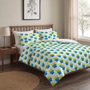 Outer Space Alien Duvet Cover Set, Green Cartoon Bedding, Soft Cotton Kids Room Decor