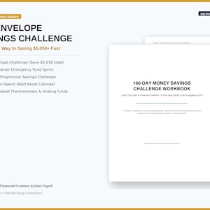 Puede incluir: Un libro de trabajo digital 100-Envelope Savings Challenge con una portada blanca y texto negro que dice 100-DAY MONEY SAVINGS CHALLENGE WORKBOOK. El documento incluye listas para un fondo de emergencia de 1.000 dólares y un reto de ahorro de 52 semanas.
