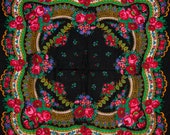 Shawl with Keychain VINTAGE Pavlovo Posad Russian shawl holes Material fabric for needlework Платок babushka scarf Black wool flower scarves