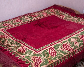 Mantel vintage de felpa, colcha de terciopelo con borde de cosecha de uva, tapiz carmesí, decoración bohemia
