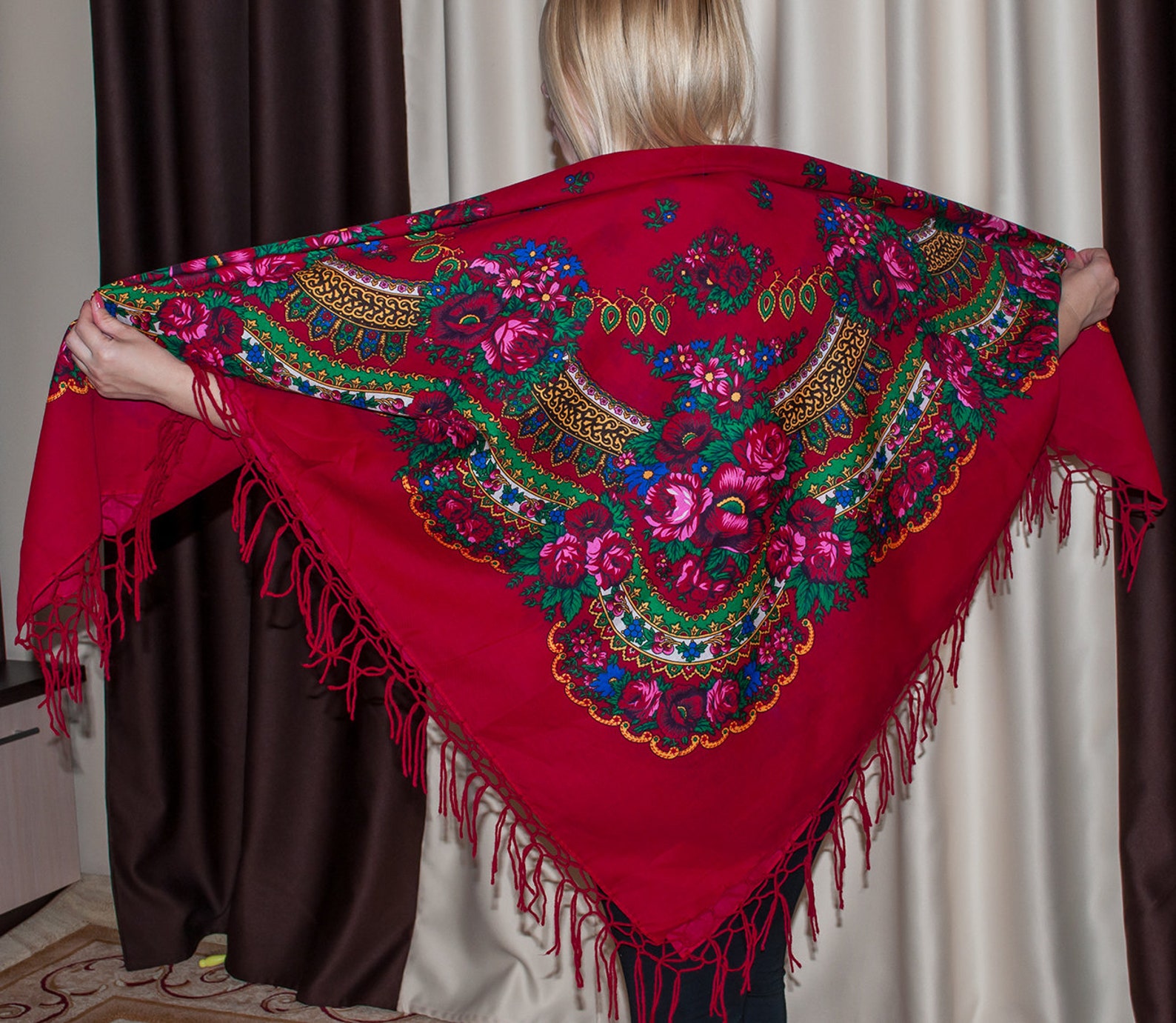 Russian red shawl. Ukrainian scarf. Ethnic Floral shawl Etsy
