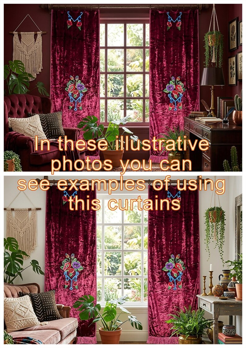 Puede incluir: Un par de cortinas de terciopelo color burdeos intenso con motivos florales bordados en tonos rojos, morados y azules, con flecos decorativos en los bordes inferiores. El texto "In these illustrative photos you can see examples of using this curtains" est&aacute; superpuesto.