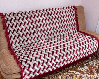 Vintage Plush Bedspread, Burgundy Cream Tapestry, Boho Home Decor