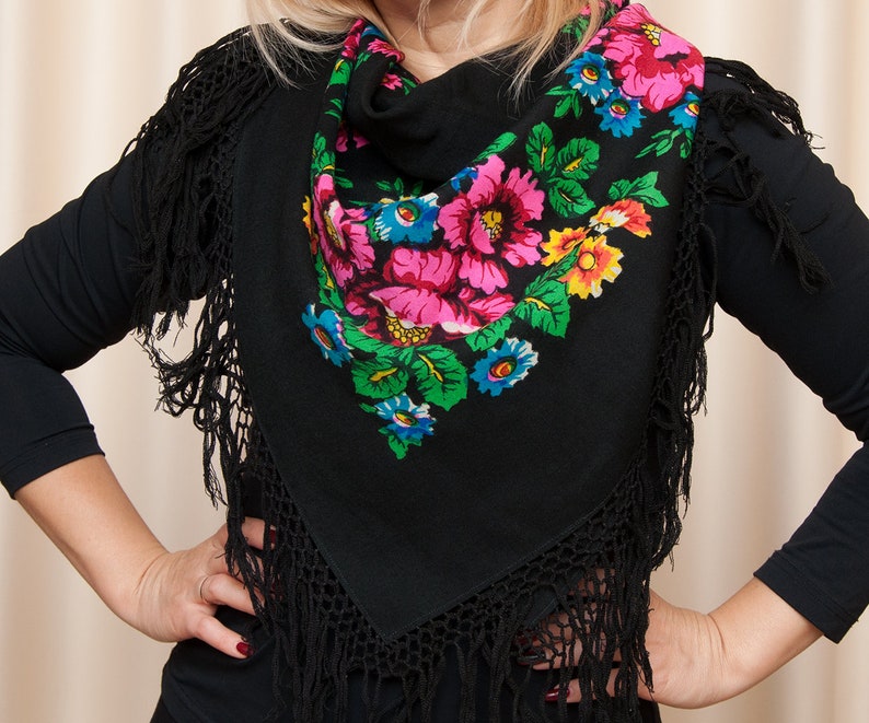 VINTAGE Large Ukrainian Shawl SCARF. Black Floral Foulard Etsy
