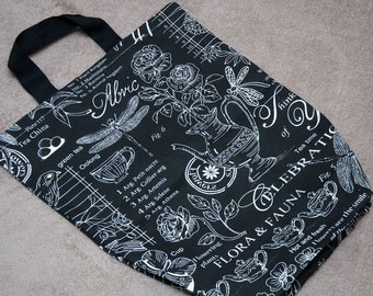 Black & White Linen Blend Eco Bag: Floral Print Shopper Tote