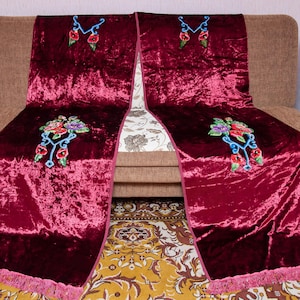 Vintage Plush Curtains. Crimson curtains with balabons. Velvet Room Divider, plush fabric antique, Rare curtains