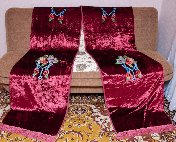 Vintage Plush Curtains. Crimson curtains with balabons. Velvet Room Divider, plush fabric antique, Rare curtains