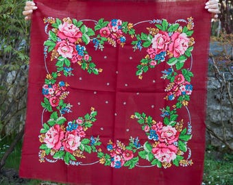 Pañuelo floral ucraniano vintage, chal folclórico de los años 80. Chal de colección con diseño de rosa brillante. Hustka URSS. Pañuelo para la cabeza Babushka. Platok
