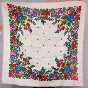 Babushka-hoofddoek met bloemenmotief, VINTAGE wollen sjaal. Authentieke sjaal, bloemensjaals, volkssjaal, cadeau-idee voor oma