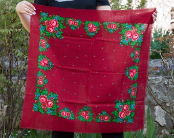 Pañuelo floral ucraniano vintage, chal folclórico de los años 80. Chal de colección con diseño de rosa brillante. Hustka URSS. Pañuelo para la cabeza Babushka. Platok