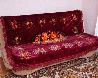 Cubrecama, colcha vintage de felpa, mantel. Tapiz ucraniano de terciopelo, alfombra soviética burdeos, sofá antiguo de terciopelo, alfombra. Revestimiento raro.
