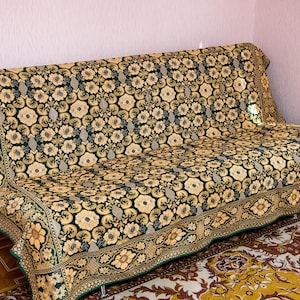Vintage Floral Jacquard Bedspread: USSR Tapestry, Boho Decor (84.6" x 72.8")