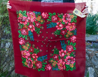 Pañuelo floral ucraniano vintage, chal folclórico de los años 80. Chal de colección con diseño de rosa brillante. Hustka URSS. Pañuelo para la cabeza Babushka. Platok