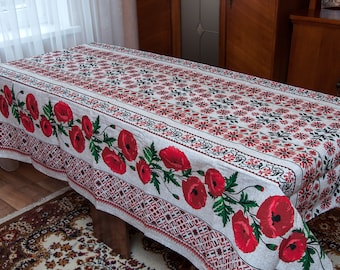 Ukrainian folk tablecloth with poppies, Linen Holiday tablecloth with Ukrainian embroidery print, kitchen farmhouse decor. Easter decoration